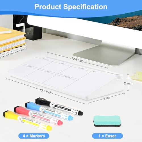 Desktop Glass Whiteboard with Storage, Weekly Calendar Desk White Board