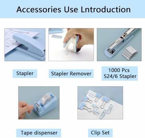 Office Supplies,Blue Desk Accessories,Office Supplies Set,Stapler and Tape Dispenser Set,Scissors,Staple Remover,Binder Clips,Staples,Ballpoint Pen,Index Tabs with Ruler,Clear Tape.9pcs for Office