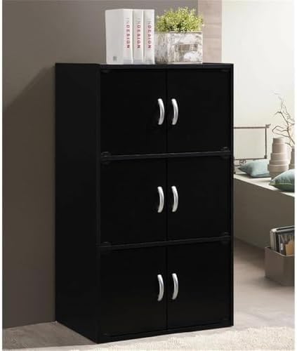 Home Square 3 Shelf 6 Door Wooden Bookcase Set in Black (Set of 2)