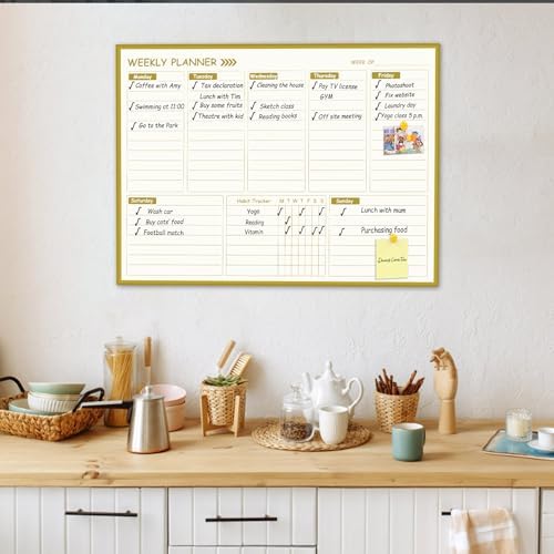 Large Weekly Dry Erase Board for Wall,20"x28",Gold Aluminum Frame Magnetic Weekly Planner Whiteboard for to Do List, Memo, School, Home, Office, Kitchen