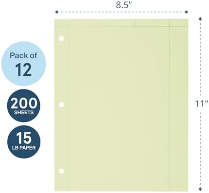 Roaring Spring Graph Ruled Engineering Pad, Engineering Graph Paper Pad, 12 Pack, 5x5 Grid to Edge, 8.5" x 11", 200 Sheets, 3 Hole Punched, Green Tinted Sheets, Made in USA