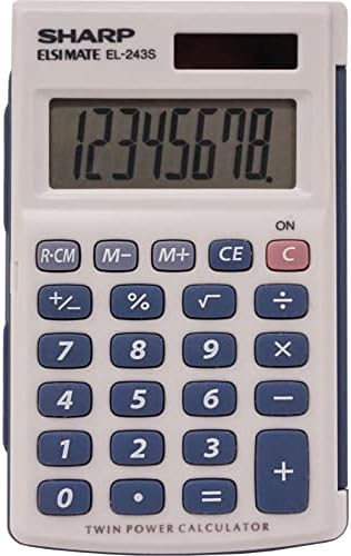 Sharp 8-Digit Pocket Calculator, LCD Display with Hinged Hard Cover, Dual-Power Handheld Simple Calculator, 2.5 x 4.5-Inches, Gray and Blue (EL-243SB)