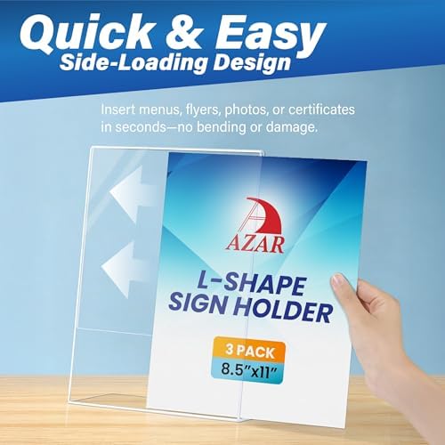 Azar Displays 112430-3PK Side Load Sign Holder 8.5x11 – Clear Flexible Plastic Display Stand, Slanted Acrylic Tabletop Frame for Menus, Signs– Pack of 3