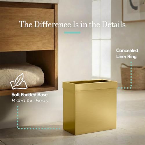 Gatco Modern Rectangle Wastebasket, Brushed Brass - Stainless Steel Trash Can with Removable Lid, Leakproof, 3 Gallon Capacity for Bathroom, Bedroom, Kitchen, or Office