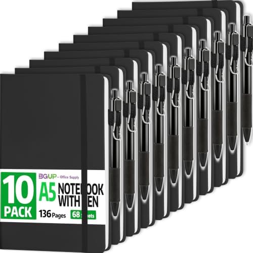 10 Pack Lined Journal Notebook with Pen, A5 Hardcover Leather Journal 5.5"*8.3", Black 136 Pages College Ruled Notebooks and Pen Set for Office School Business Supplies
