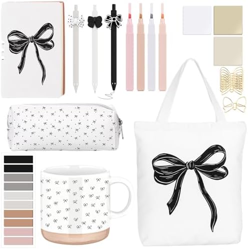 Reallnaive 25 Pcs Black Bow Stationery Gift Set for Women, Coquette School Supplies Box with Mug A6 Notebook Tote Bag Pens Highlighters Pencil Pouch, Cute Desk Accessories for Back to School, Birthday