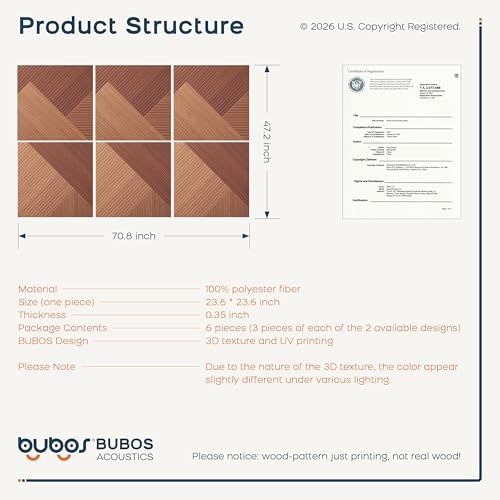 BUBOS 6-Pack Acoustic Panels, Wood Grain Sound Absorbing Panels, 23.6"x23.6"
