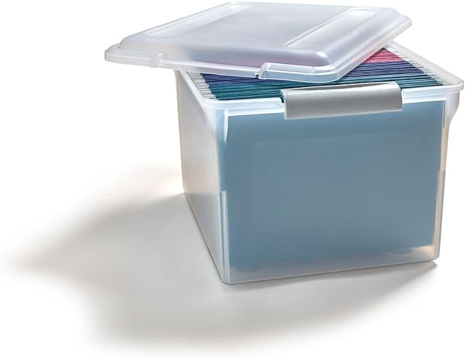 Staples Store & Slide Plastic File Box, Latching, Letter/Legal, 2/Pk | Clear, stackable box keeps hanging files secure and easy to transport.