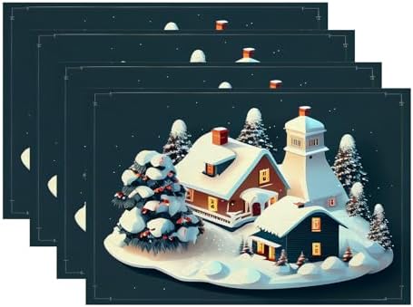 Batmerry Christmas Houses Linen Placemats Set of 4, Holiday Building Covered Snow Spruce Washable Table Mats for Kitchen Table Thickened Heat Insulation Dining Set Indoor Outdoor 12X18 in
