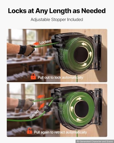 VEVOR Retractable Extension Cord Reel 65FT Heavy Duty 12AWG/3C SJTOW Green