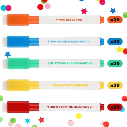 100 Pcs Christian Magnetic Dry Erase Markers with Eraser Cap, Whiteboard Bible Erasable Markers Bulk Fine Point Tip Corlorful Magnetic Dry Erase Pen for Teacher School Supplies Christian Gift