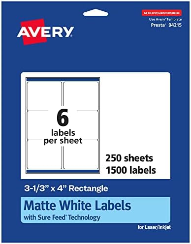 Avery® Matte White Rectangle Labels, Sure Feed® Technology, 3-1/3" x 4", 1,500 Matte White Printable Labels