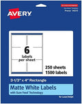 Avery® Matte White Rectangle Labels, Sure Feed® Technology, 3-1/3" x 4", 1,500 Matte White Printable Labels