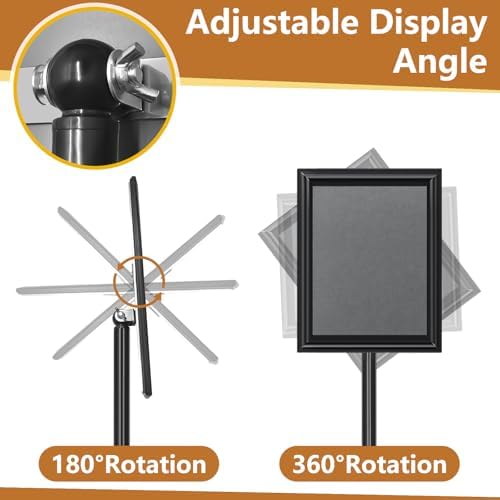 Sign Holder Stand 8.5x11 Inch, Adjustable Sign Stand with 360 Rotated Frame, Floor Standing Sign Holder, Snap-Open Frame Display, Outdoor Indoor Poster Display for advertising, Malls, Black