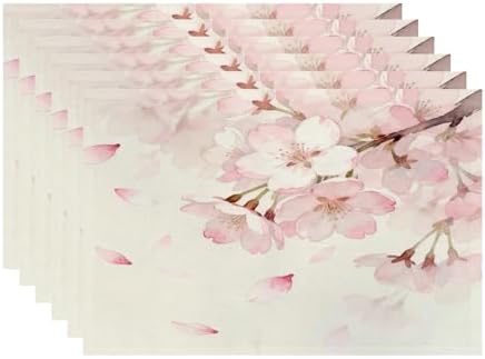 Batmerry Vintage Cherry Blossom Linen Placemats Set of 6, Delicate Watercolor Pink Flowers Washable Table Mats for Kitchen Table Thickened Heat Insulation Dining Set Indoor Outdoor 12X18 in