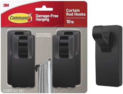 Command Medium Black Curtain Rod Hooks, 4 Hooks, 12 Strips
