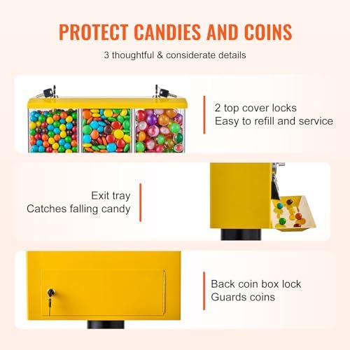 VEVOR Commercial Vending Machine, Triple Compartment Candy Dispenser with Iron Stand, Gumball and Candy Machine for Business, Coin Operated Gumball Bank for Toy Capsules Bouncy Balls Candy Nut, Yellow