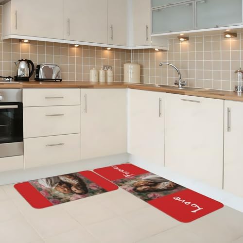 Custom Kitchen Mat 2 Sets, Personalized Absorbent Rugs for Countertop Office Home, Non Slip Carpet Add Photo Text Logo Indoor Outdoor Decor Doormat