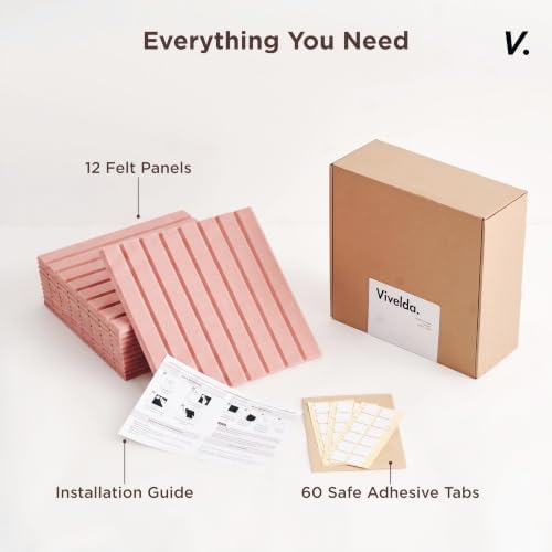 VIVELDA Felt Bulletin Board Tiles 48"x36" - 12-Pack Cork Board Alternative, Oeko-TEX Certified, NRC 0.95 Acoustic Wall Panels, Damage-Free Adhesive, Slatted Design, Home Office & Classroom (Salmon)