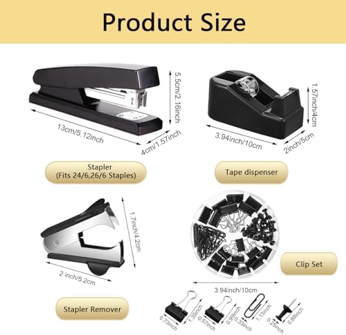 Office Supplies,Black Desk Accessories,Office Supplies Set,Stapler and Tape Dispenser Set,Scissors,Staple Remover,Binder Clips,Staples,Ballpoint Pen,Index Tabs with Ruler,Clear Tape.9pcs for Office