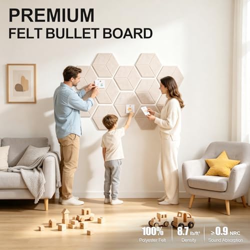 12-Pack Hexagon Cork Board Alternative for Walls Decor, 38.2" x 38.2" Large Felt Bulletin Board, with Pushpins, Damage-Free Adhesives, Thick Pin Board for Office, Home (Oatmeal)