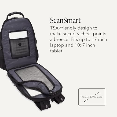 SWISSGEAR 1900 ScanSmart Laptop Backpack, Fits Most 17-Inch Laptops, TSA-Friendly Lay-Flat Design, RFID Protection, and Tablet Pocket, Black, 31L, 18.5-Inch