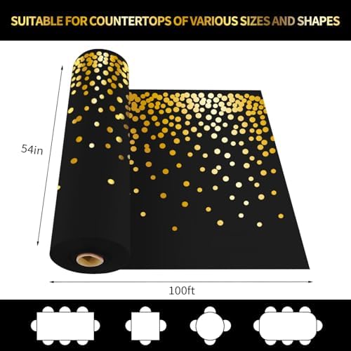 CXPSINC 54 Inch X 100 Feet Plastic Table Cover Roll Disposable Tablecloth with Slide Cutter for All Type/Shape Tables | Party, Banquet, Birthdays, Weddings(Black & Gold Dot, 100 Feet)