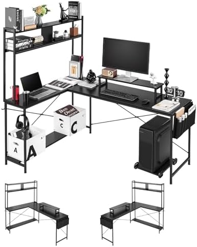 VEVOR L-Shaped Computer Desk, 67-inch Reversible Corner Gaming Desk with Monitor Stand & Movable CPU Stand, Modern Stylish PC Table Sturdy Work Workstation for Home Office - Easy to Assembly