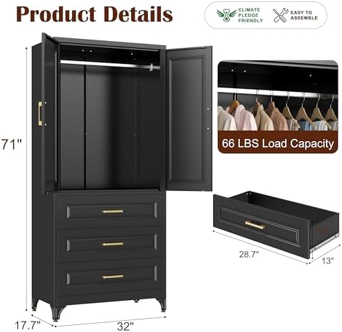 SteeLoong 71" Metal Wardrobe Cabinet,Armoire Wardrobe Closet with 3 Drawers