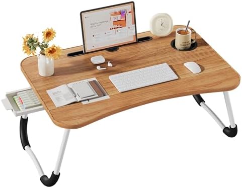 Lap Desk Bed Trays for Eating and Laptops Breakfast in Bed Tray for Sofa/Couch/Study/Reading/Writing with Cup Holder/Drawer On Low Sitting Floor Large Portable Foldable (Walnut Beige)