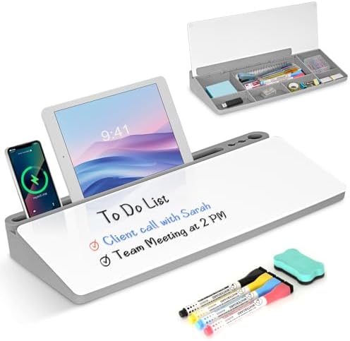 Desktop Glass Whiteboard with Storage, Desk Dry Erase White Board Gray