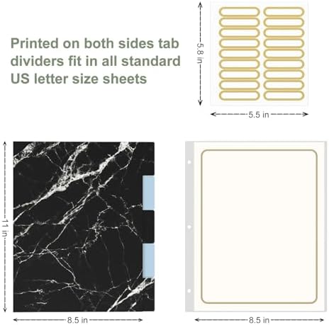 Rouidr 3 Ring Binder, 2 Inch Round Ring Binder Organizer with Clipboard, 5 Dividers Tabs, A4 8.5 x 11 Inch Paper & Clear Sleeves for School, Office Supplies, Black Textured Marble