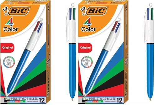BIC 4-Color Retractable Ballpoint Pens with 1.0 mm Medium Point and Assorted Ink Colors,(Pack of 24)