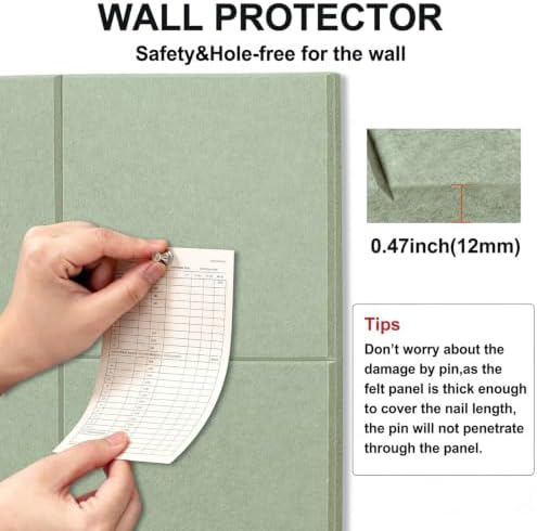 0.47" Thick Felt Wall Tiles 48"x36" Cork Board Alternative 12 Pack 11.81"x11.81"Felt Bulletin Board Pin Board with Removable Adhesive Tape&60 Pushpins for Home Office School(Flat-Sage)