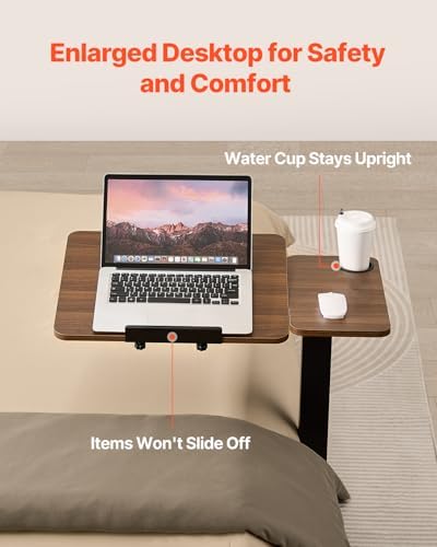 VEVOR Overbed Table, Mobile Hospital Bed Table, Over Bed Table with Wheels Adjustable Height, Rolling Laptop Desk with Tilting Top & Cup Holder, Portable Over Bed Desk for Home, Office, Study, Wood