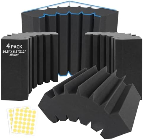 Focusound 4 Pack Bass Traps Corner Acoustic Foam Corner 16.5" X 6.3" X 12" Acoustic Foam Panels Soundproof Padding Wall Panel Corner Block for Home Studio and Theater