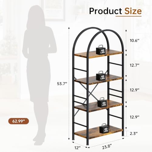 Shintenchi Arched Bookshelf, 4 Tier Bookcase, Tall Storage Shelf, Brown
