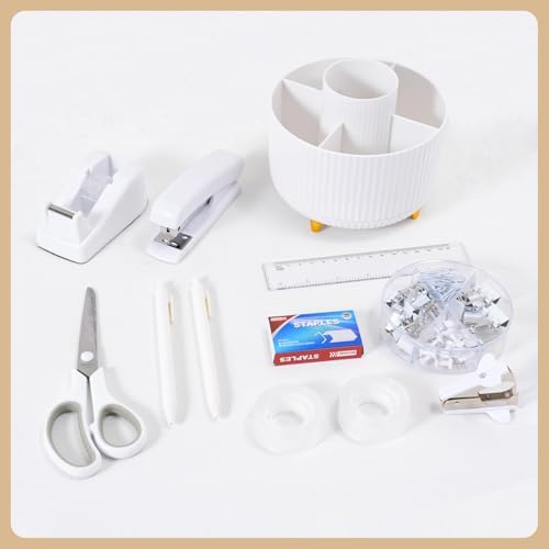 Gawsey White Desk Organizers and Accessories with Desk Organizer 360° Rotating Pen Holder and Office Supplies, Cute Stationery Supplies Set
