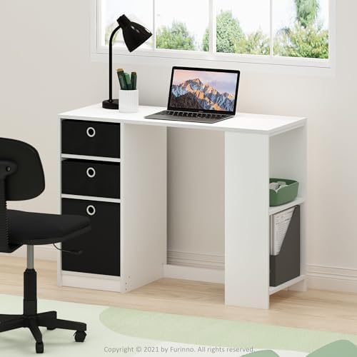 Furinno Jaya Desk, 39.4" Wide Gaming Desk with Drawer Bins, Computer Desk with Side Book Shelf, Writing Desk, Office Desk for Home Office, Study Room, Dorm, Bedroom, White
