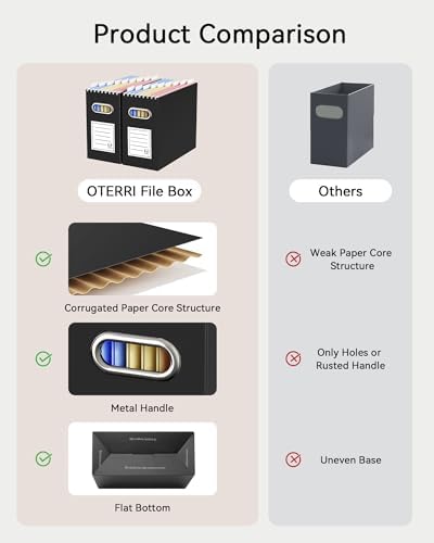 Oterri Portable Collapsible Cardboard File Box with Handle for Letter-Size | 8-Pack. Stainless Steel Handle. Label Stickers Included. Fits Letter Folders (Not Included). Home, Office, School, Dorm, Tax.