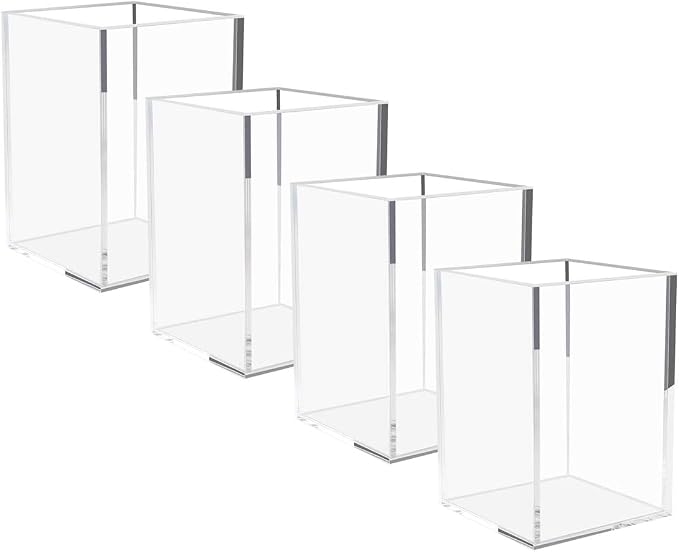 NIUBEE Acrylic Pen Holder for Desk, Clear Pencil Cup Organizer 4 Packs | Acrylic clear acrylic pen holder, durable transparent design organizes stationery and makeup tools for students and workers