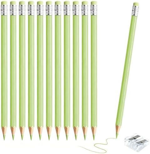 12 PCS Macaron Green Colored Pencils with Eraser Pre Sharpened Pencil 2 HB - Ideal for Checking, Grading, Tests & Office/School Supplies