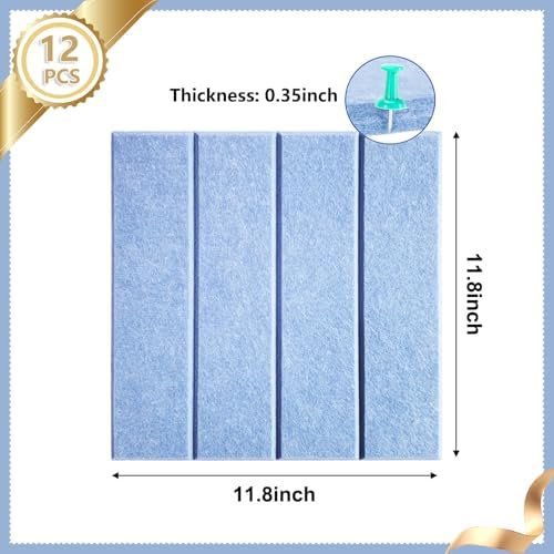 12 Packs Light Blue Felt Pin Board, Large 12" Bulletin Board with 30 Push Pins, Felt Board Slat Wall Paneling for Office Home Kitchen, Self-Adhesive Corkboard Tiles for Classroom Message Photos Memos