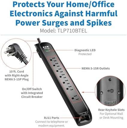 Eaton Tripp Lite Series TLP710BTEL Surge Protector Power Strip with Flat Plug & Modem/Phone Ports, 7 Outlets, 900 Joules, 10ft Power Cable, Black, Manufacturer's Liftime Warranty & $50,000 Insurance