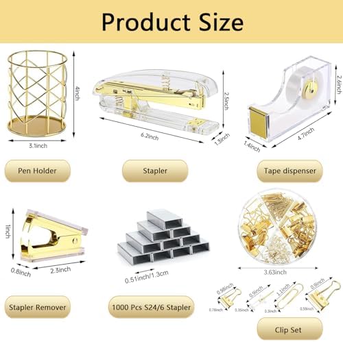 suniya Office Supplies,Gold Desk Accessories,with Stapler,Tape Dispenser,Pen Holder,Scissors,Phone Stand,Staple Remover,Ballpoint Pen,Clear Tape, Staples,Ruler,Clips,Best Gift for Business or Boss