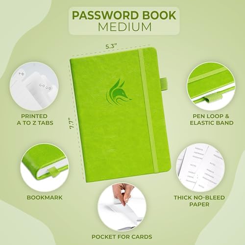 Clever Fox Password Book with Alphabetical Tabs, 5.3"x7.7" Keeper Green