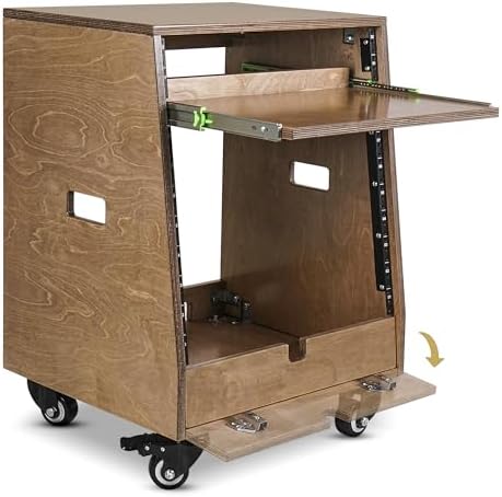 Sound Town DIY Slanted 10U Studio Rack (2U Top + 8U Lower), with 2U Bottom Storage, Slide-Out Tray, Caster, Plywood, Weathered Brown for Recording Room, Home Studio (SDRK-ST10TB)