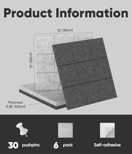 Large Cork Board for Walls 36" x 24", 6 Pack Felt Wall Tiles with Push Pins for Office Home, Pin Board Bulletin Board for Photo Pictures, Gradual Gray