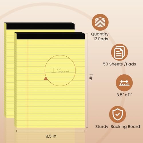12pcs Legal Pads 8.5 x 11, Perforated Yellow Notepad 8.5x11, 50Sheets/Pad