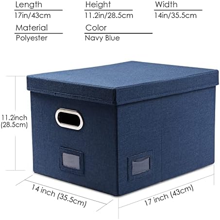 PRANDOM File Organizer Box - Set of 4 Collapsible Decorative Linen Filing Storage Hanging File Folders with Lids Office Cabinet Letter/Legal Size Navy Blue 17.1x14x11.1 inch